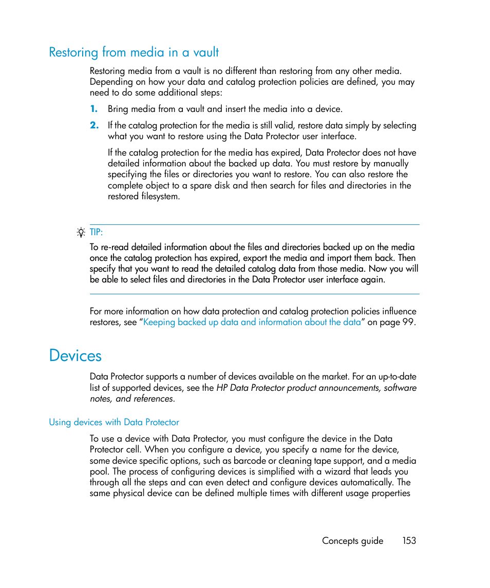 Restoring from media in a vault, Devices | HP B6960-96035 User Manual | Page 153 / 422