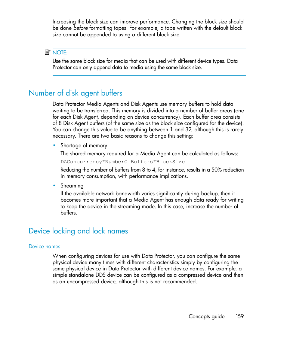 Number of disk agent buffers, Device locking and lock names, 159 device locking and lock names | HP B6960-96035 User Manual | Page 159 / 422