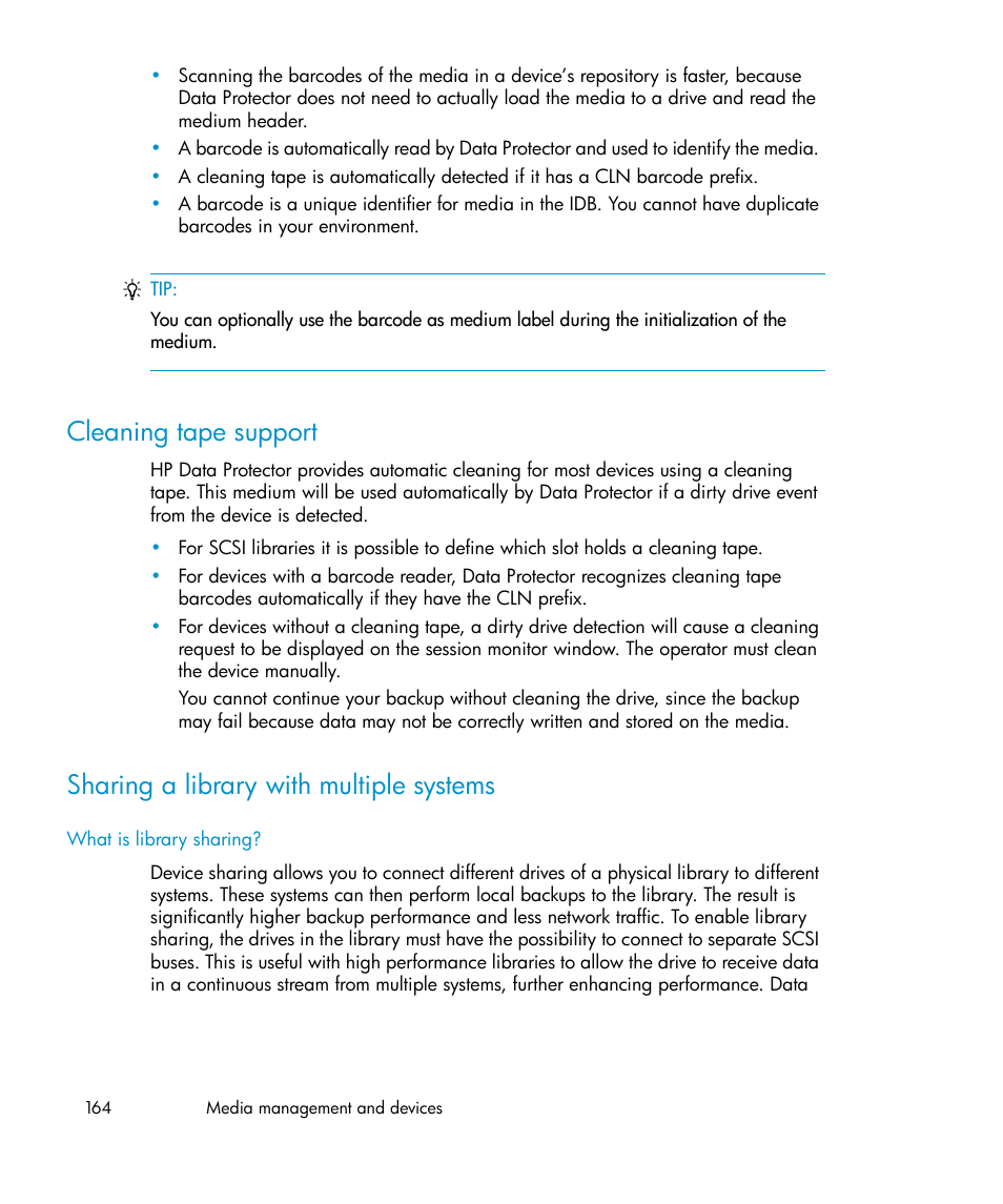 Cleaning tape support, Sharing a library with multiple systems, 164 sharing a library with multiple systems | HP B6960-96035 User Manual | Page 164 / 422