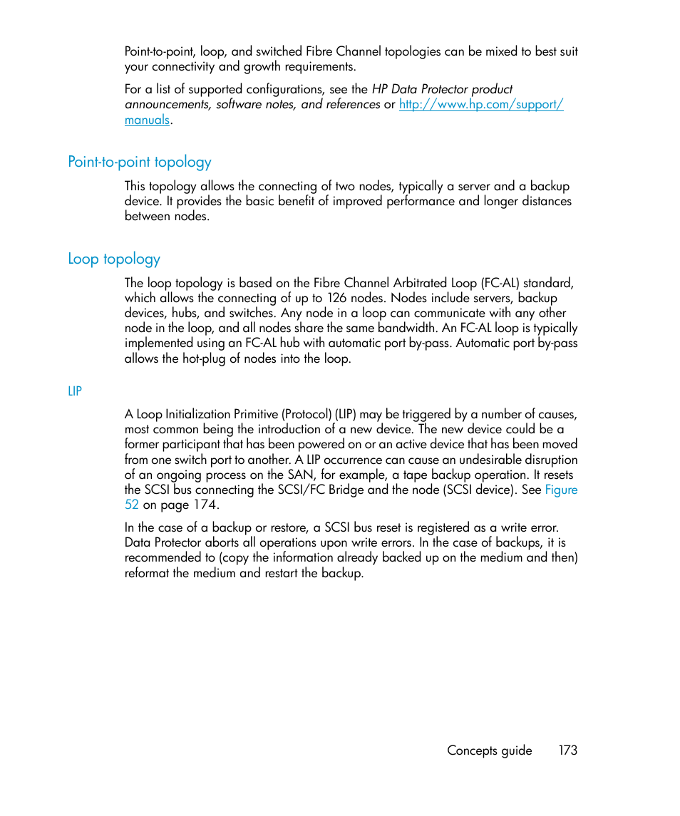Point-to-point topology, Loop topology, 173 loop topology | HP B6960-96035 User Manual | Page 173 / 422