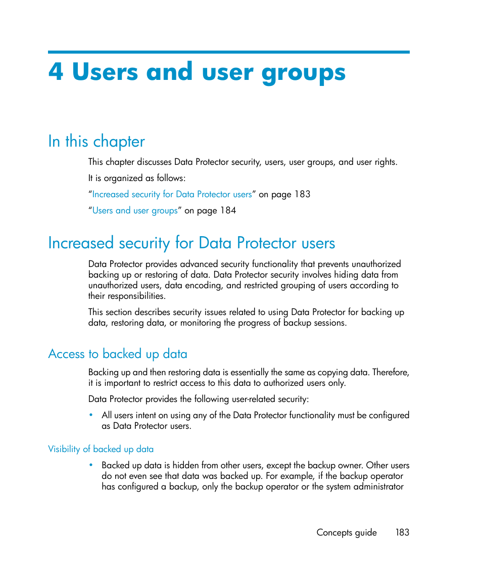 4 users and user groups, In this chapter, Increased security for data protector users | Access to backed up data, 183 increased security for data protector users, Chapter 4 | HP B6960-96035 User Manual | Page 183 / 422