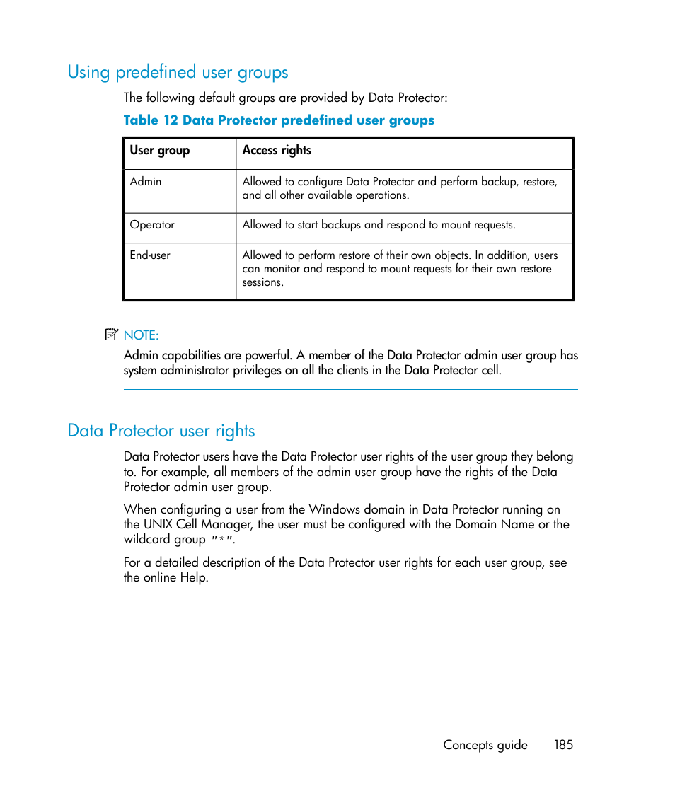 Using predefined user groups, Data protector user rights, Data protector predefined user groups | HP B6960-96035 User Manual | Page 185 / 422