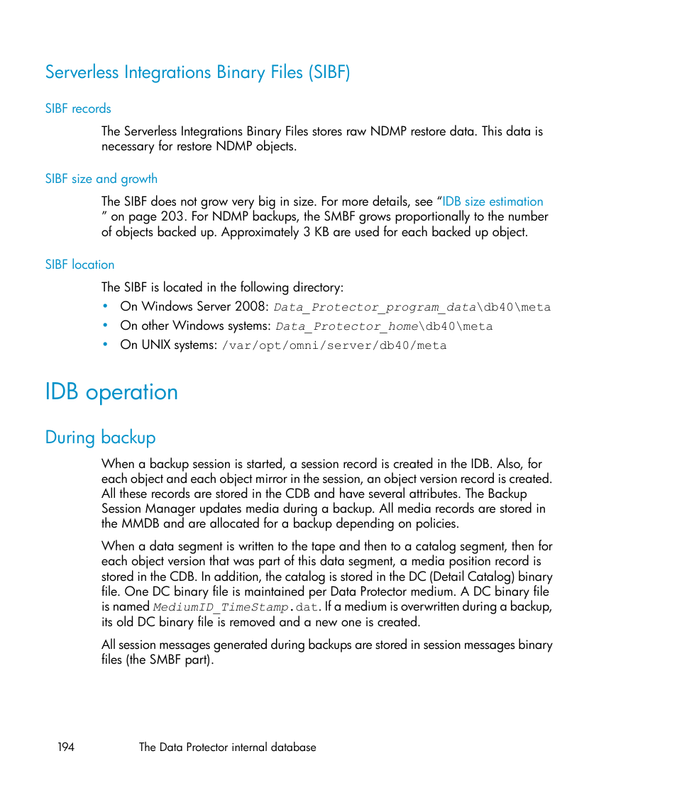 Serverless integrations binary files (sibf), Idb operation, During backup | HP B6960-96035 User Manual | Page 194 / 422