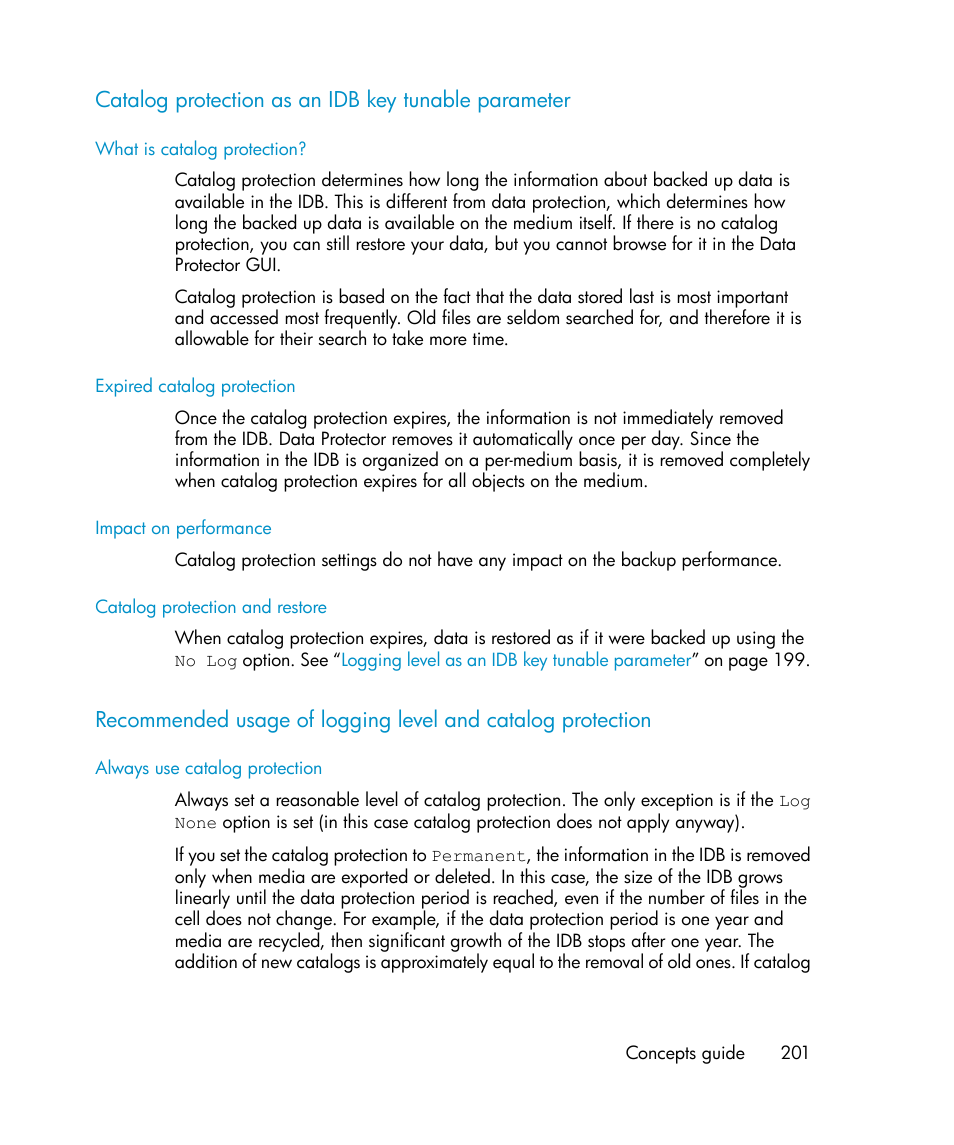 Catalog protection as an idb key tunable parameter, Catalog protection as an idb key tunable, Parameter | HP B6960-96035 User Manual | Page 201 / 422