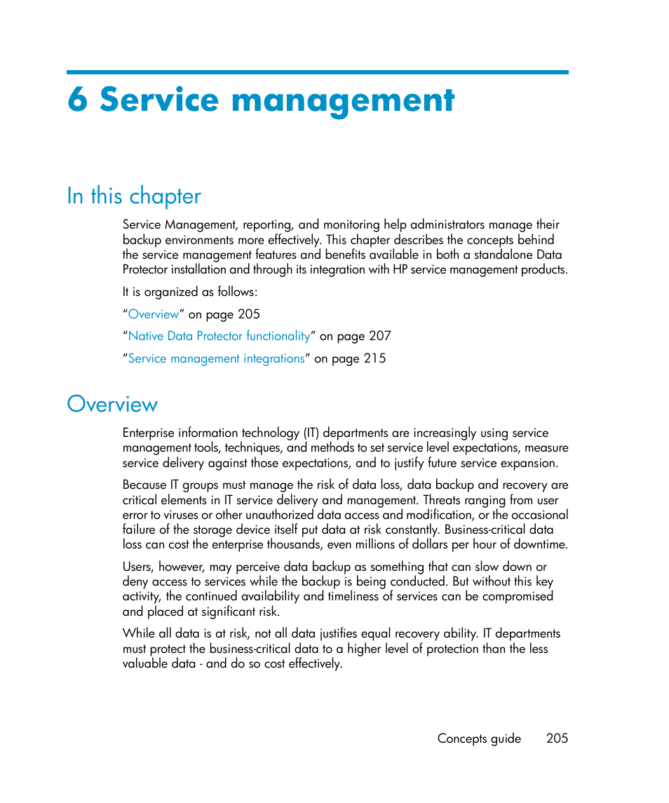 6 service management, In this chapter, Overview | 205 overview | HP B6960-96035 User Manual | Page 205 / 422