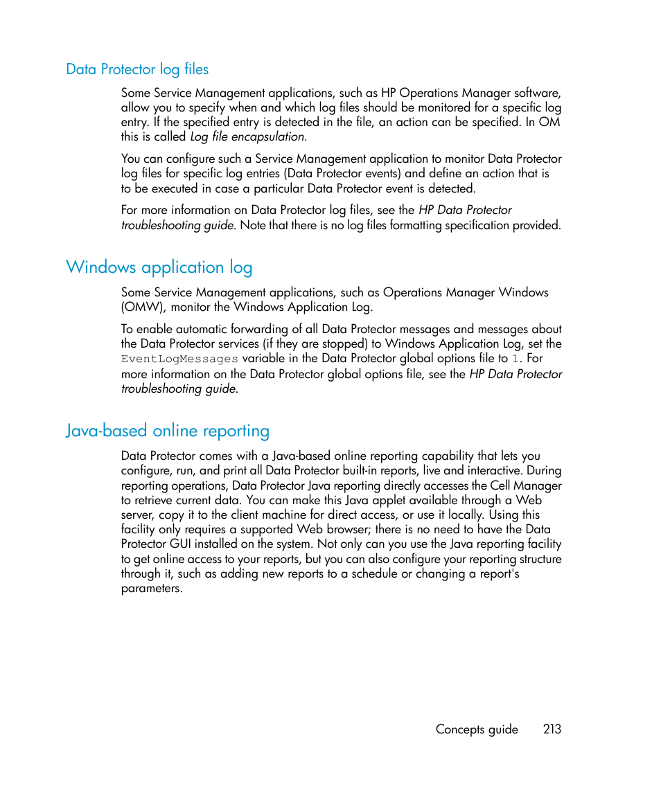 Data protector log files, Windows application log, Java-based online reporting | 213 java-based online reporting | HP B6960-96035 User Manual | Page 213 / 422