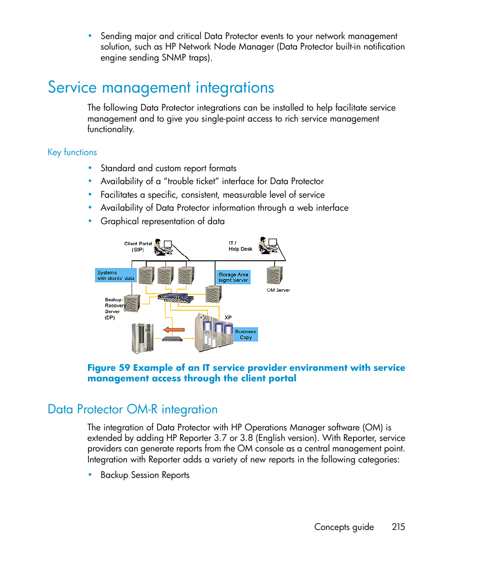 Service management integrations, Data protector om-r integration | HP B6960-96035 User Manual | Page 215 / 422