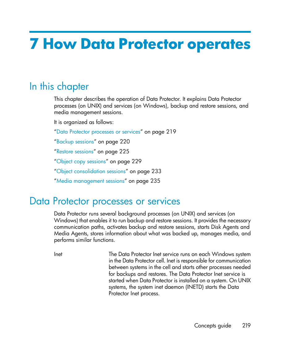 7 how data protector operates, In this chapter, Data protector processes or services | 219 data protector processes or services, Chapter 7 | HP B6960-96035 User Manual | Page 219 / 422