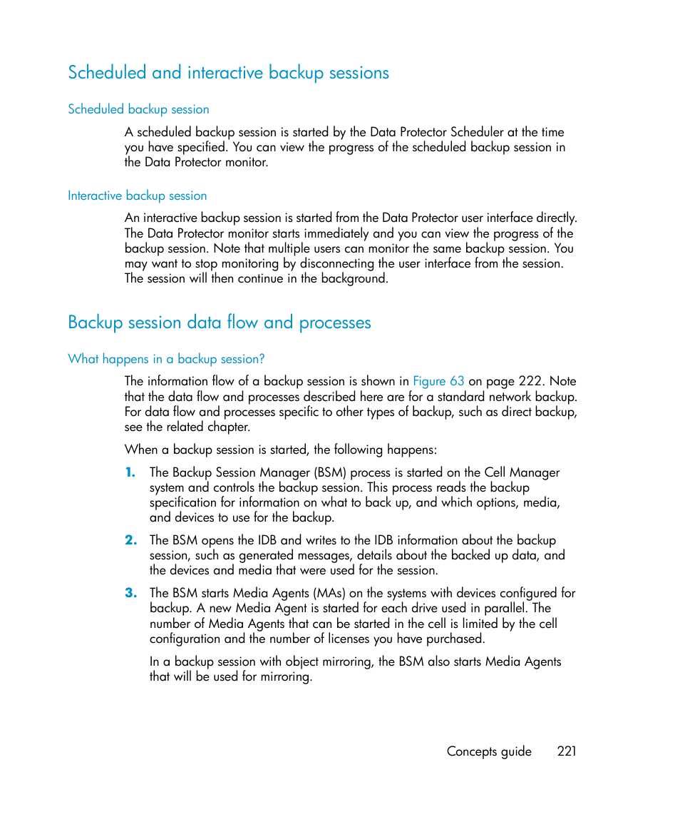 Scheduled and interactive backup sessions, Backup session data flow and processes, 221 backup session data flow and processes | HP B6960-96035 User Manual | Page 221 / 422