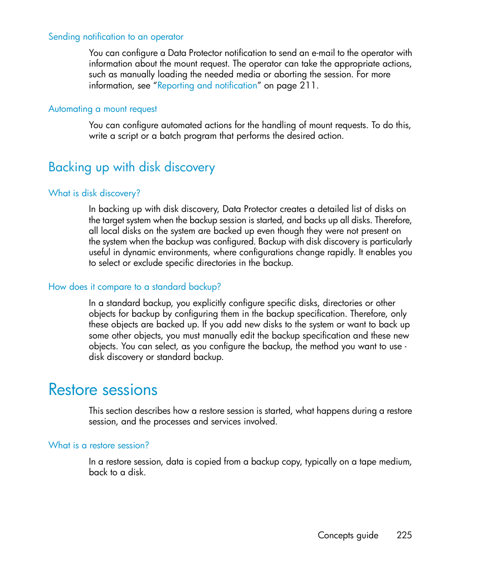 Backing up with disk discovery, Restore sessions | HP B6960-96035 User Manual | Page 225 / 422