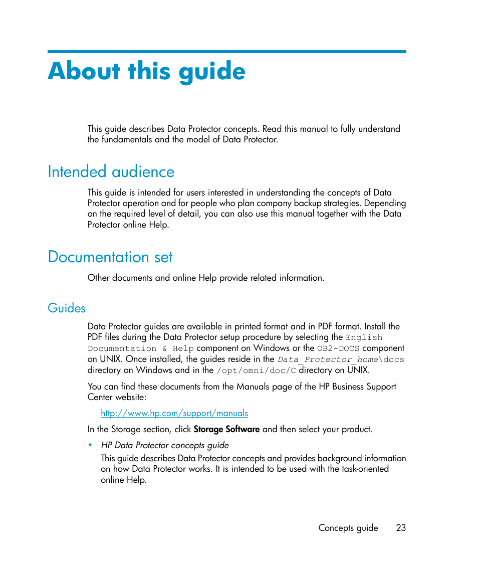 About this guide, Intended audience, Documentation set | Guides, 23 documentation set | HP B6960-96035 User Manual | Page 23 / 422