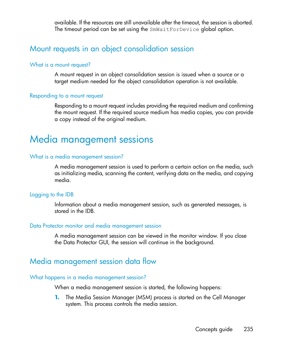 Mount requests in an object consolidation session, Media management sessions, Media management session data flow | HP B6960-96035 User Manual | Page 235 / 422