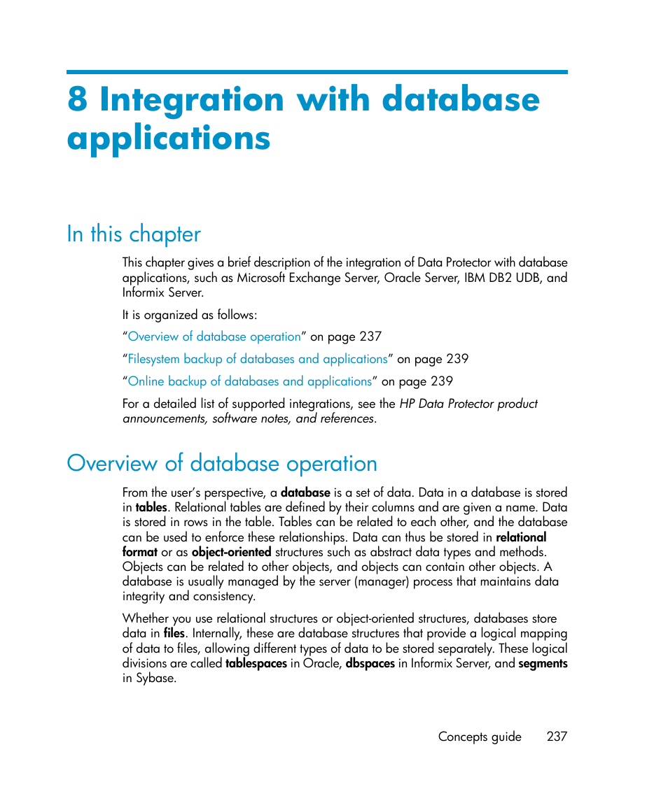 8 integration with database applications, In this chapter, Overview of database operation | 237 overview of database operation | HP B6960-96035 User Manual | Page 237 / 422