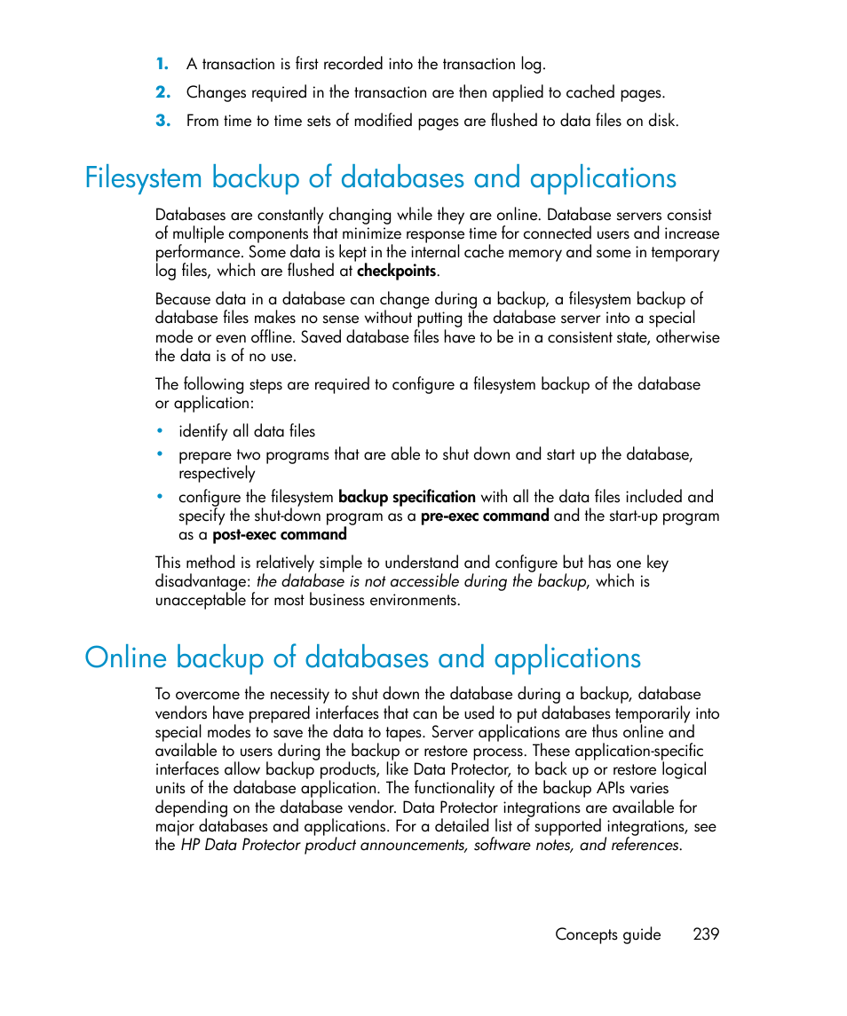 Filesystem backup of databases and applications, Online backup of databases and applications, 239 online backup of databases and applications | HP B6960-96035 User Manual | Page 239 / 422