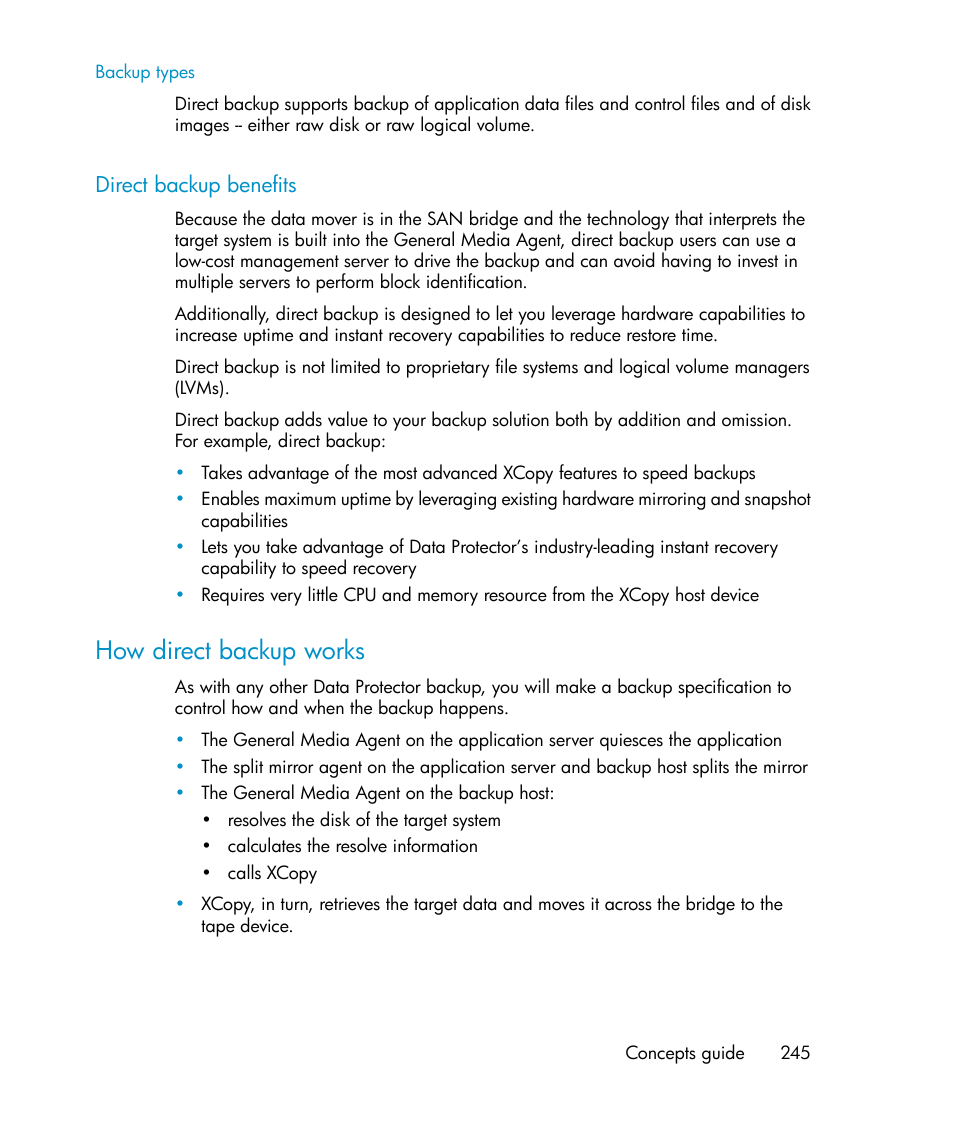 Direct backup benefits, How direct backup works | HP B6960-96035 User Manual | Page 245 / 422