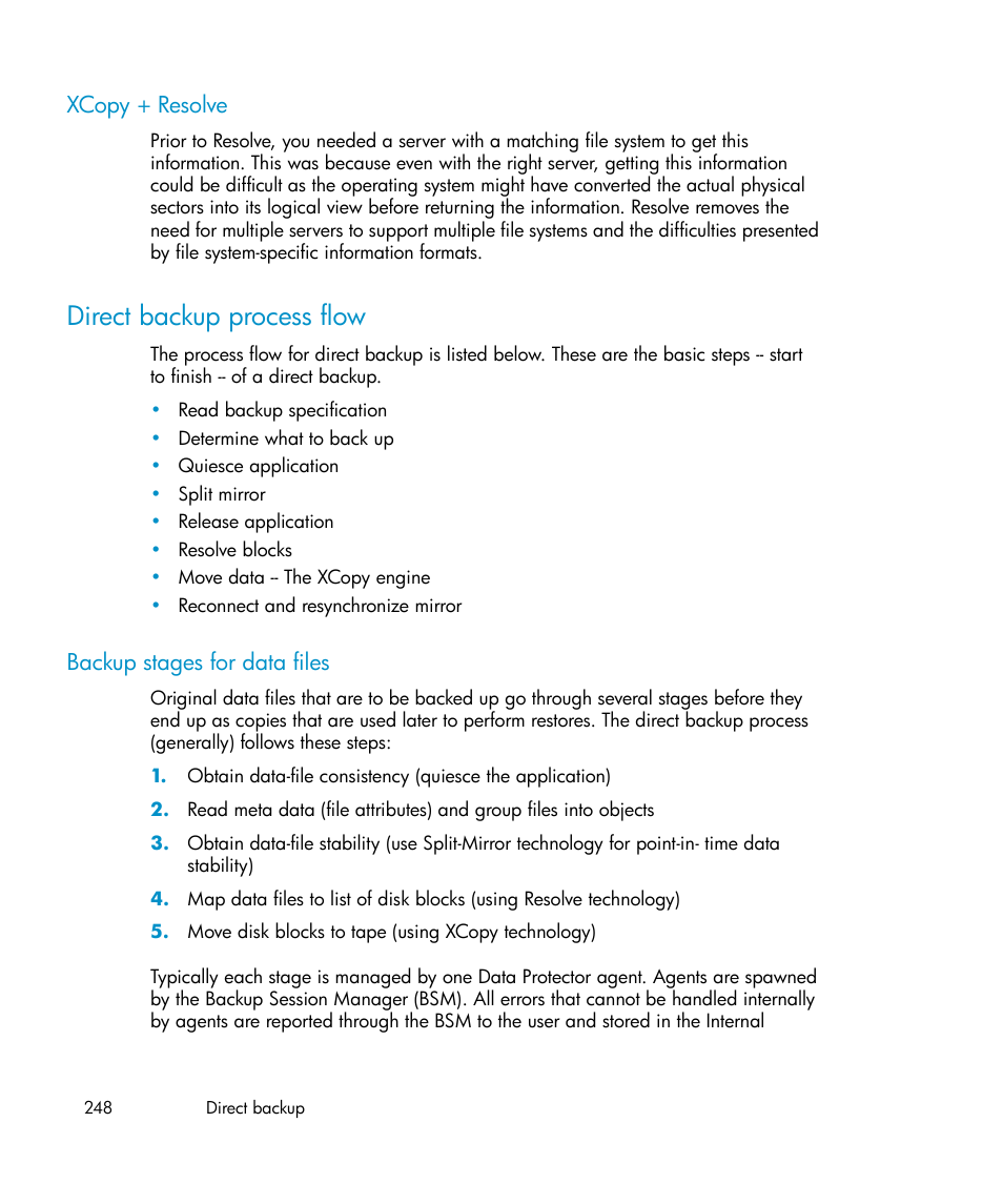 Xcopy + resolve, Direct backup process flow, Backup stages for data files | HP B6960-96035 User Manual | Page 248 / 422