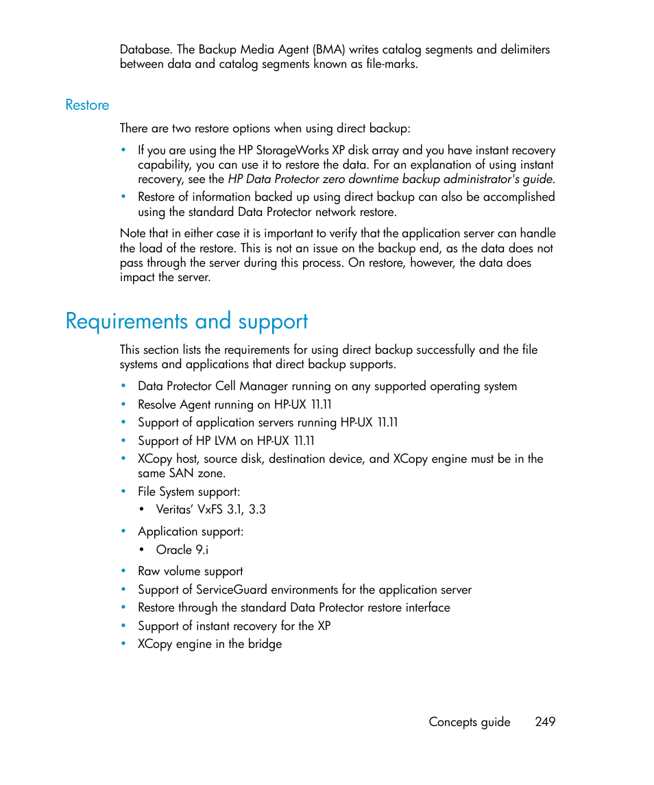 Restore, Requirements and support | HP B6960-96035 User Manual | Page 249 / 422