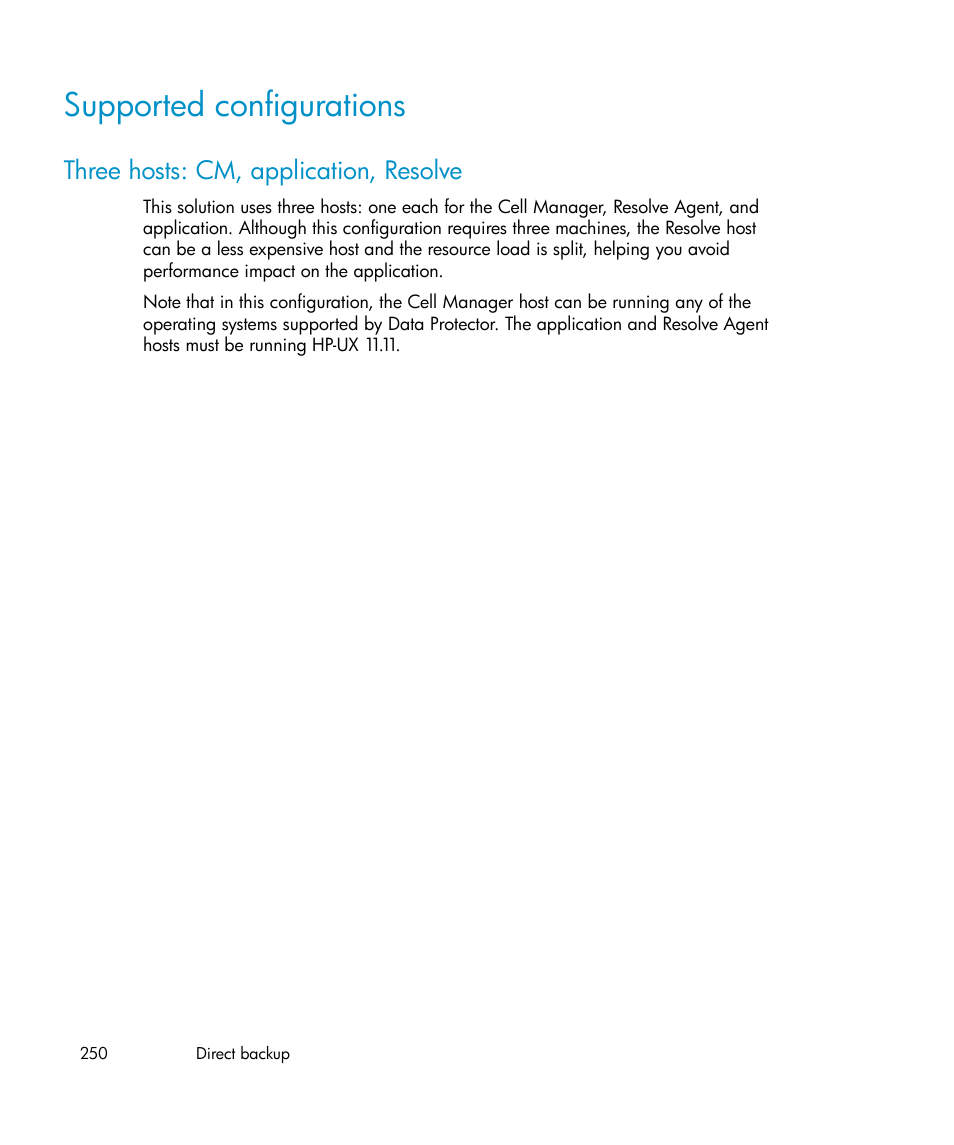 Supported configurations, Three hosts: cm, application, resolve, Supported | Configurations | HP B6960-96035 User Manual | Page 250 / 422