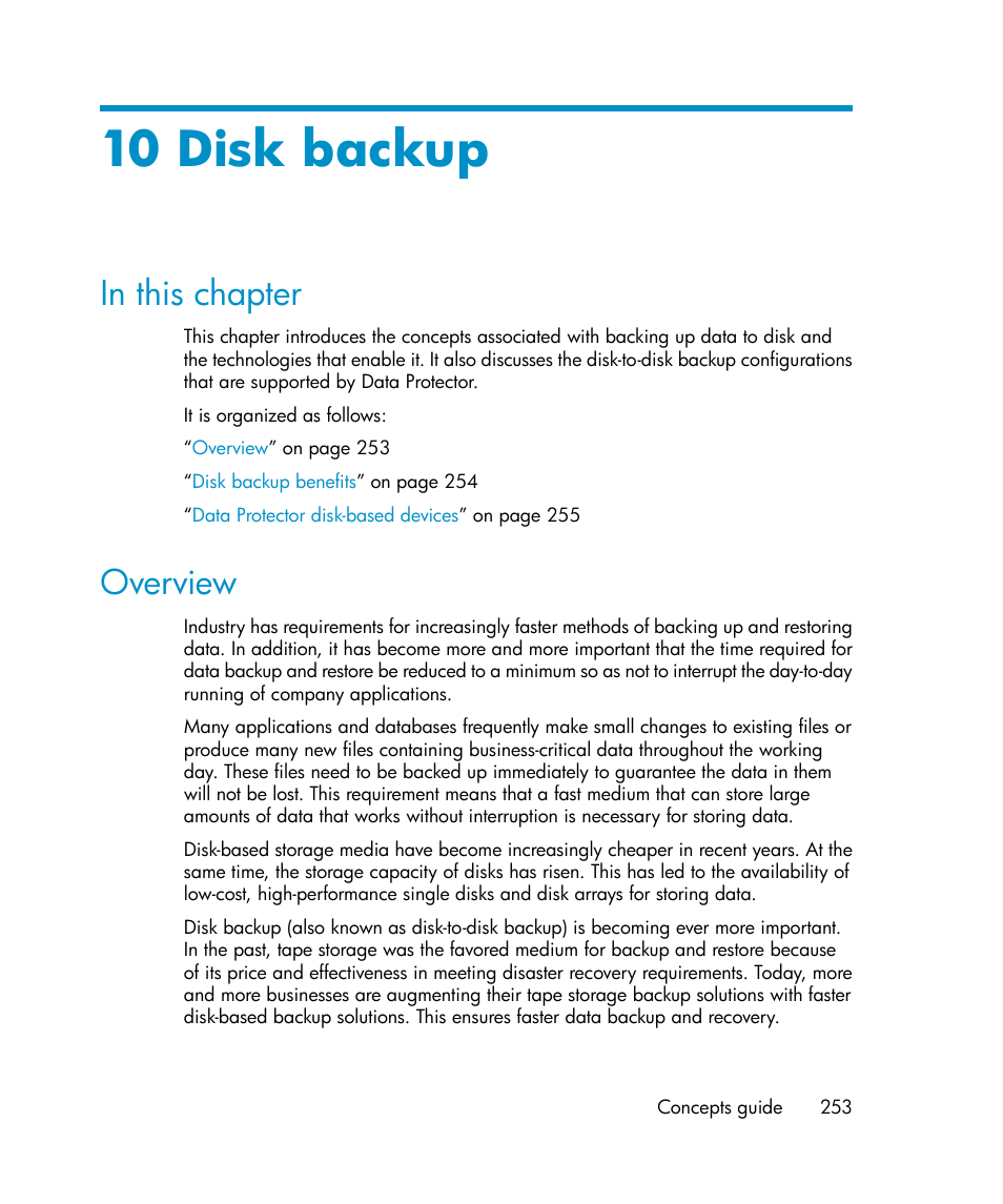 10 disk backup, In this chapter, Overview | 253 overview | HP B6960-96035 User Manual | Page 253 / 422