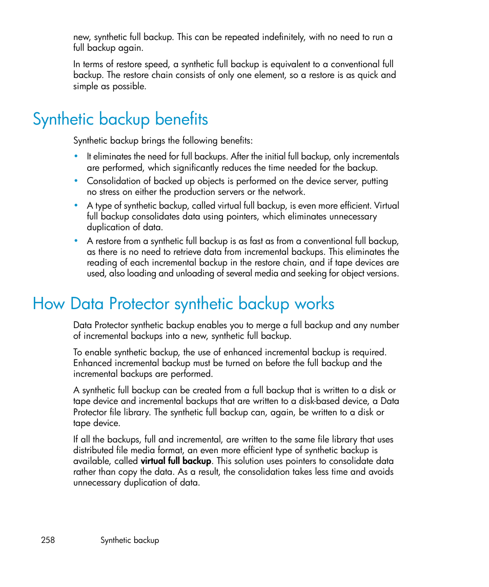 Synthetic backup benefits, How data protector synthetic backup works, 258 how data protector synthetic backup works | HP B6960-96035 User Manual | Page 258 / 422