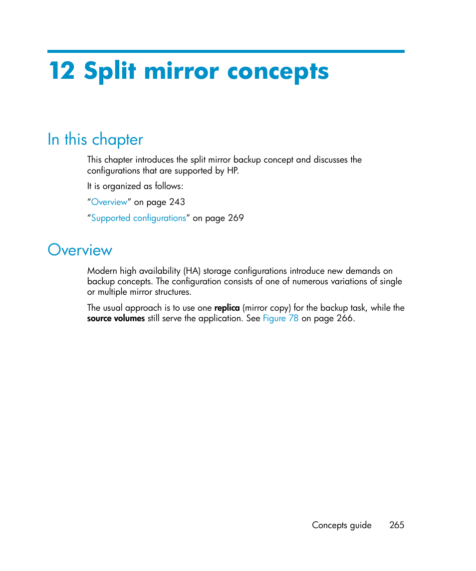 12 split mirror concepts, In this chapter, Overview | 265 overview | HP B6960-96035 User Manual | Page 265 / 422
