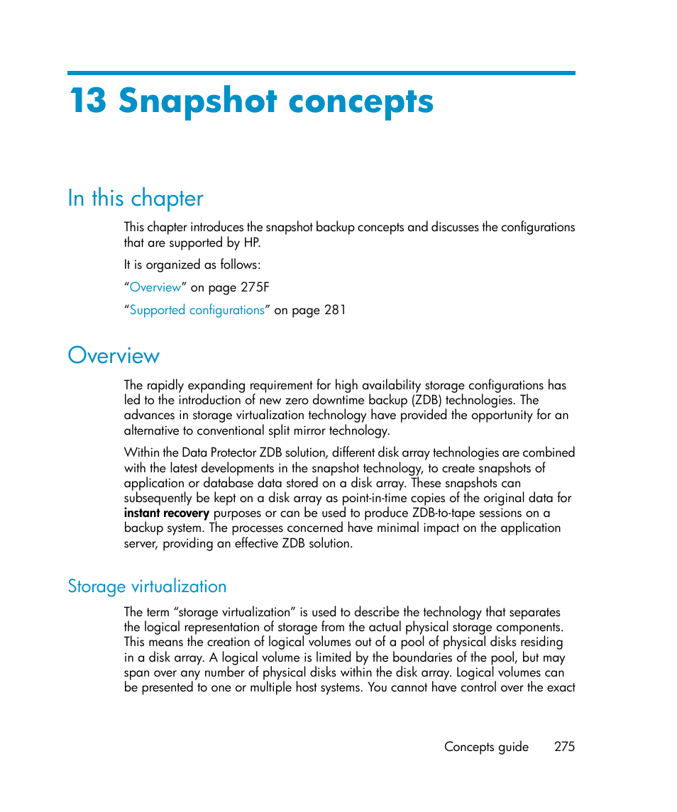 13 snapshot concepts, In this chapter, Overview | Storage virtualization, 275 overview | HP B6960-96035 User Manual | Page 275 / 422