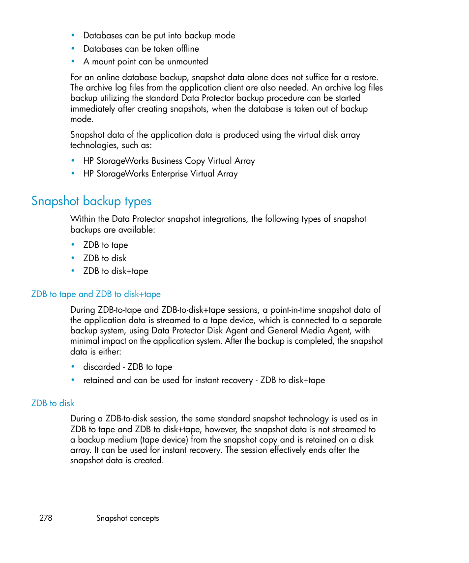 Snapshot backup types | HP B6960-96035 User Manual | Page 278 / 422