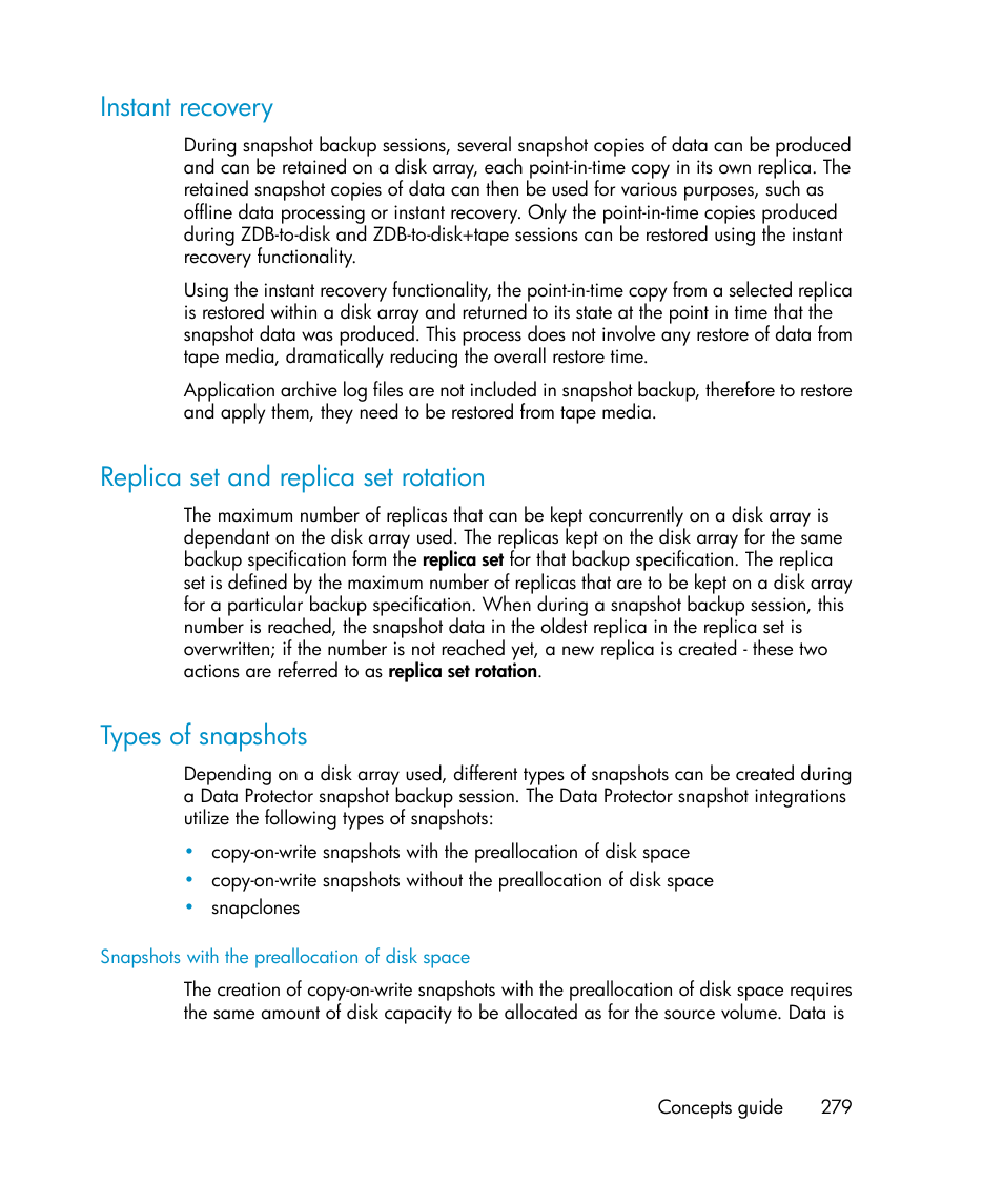 Instant recovery, Replica set and replica set rotation, Types of snapshots | 279 replica set and replica set rotation, 279 types of snapshots | HP B6960-96035 User Manual | Page 279 / 422