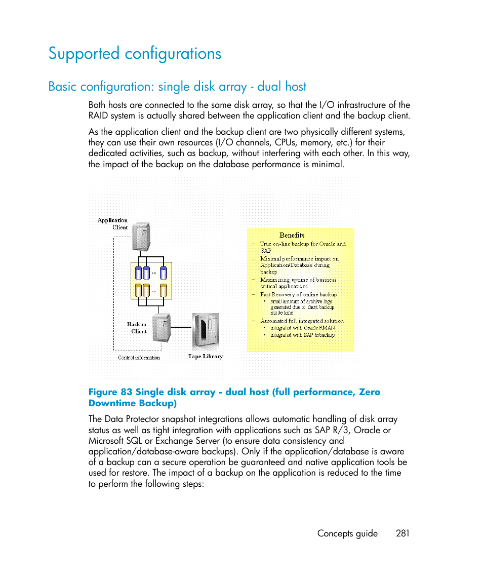 Supported configurations, Basic configuration: single disk array - dual host | HP B6960-96035 User Manual | Page 281 / 422