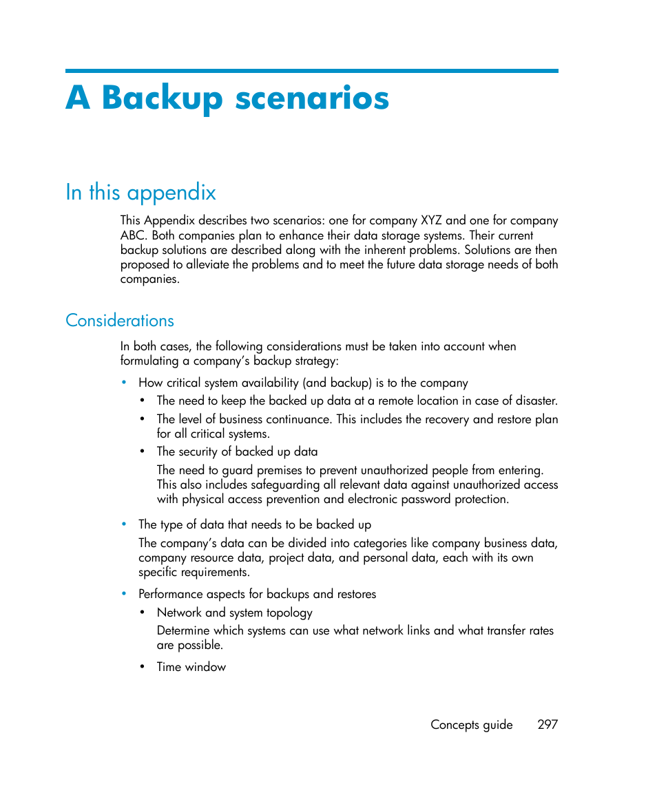 A backup scenarios, In this appendix, Considerations | HP B6960-96035 User Manual | Page 297 / 422