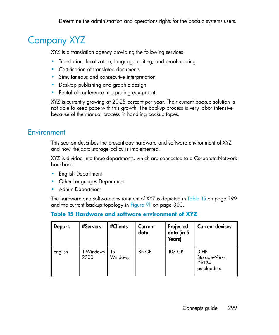 Company xyz, Environment, Hardware and software environment of xyz | HP B6960-96035 User Manual | Page 299 / 422