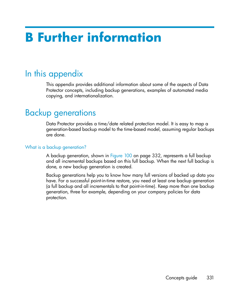 B further information, In this appendix, Backup generations | 331 backup generations, Appendix b | HP B6960-96035 User Manual | Page 331 / 422