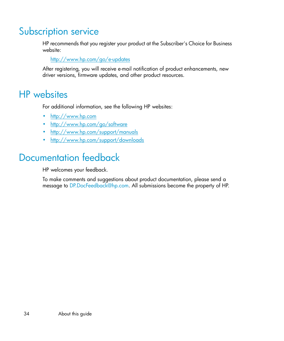 Subscription service, Hp websites, Documentation feedback | 34 hp websites, 34 documentation feedback | HP B6960-96035 User Manual | Page 34 / 422