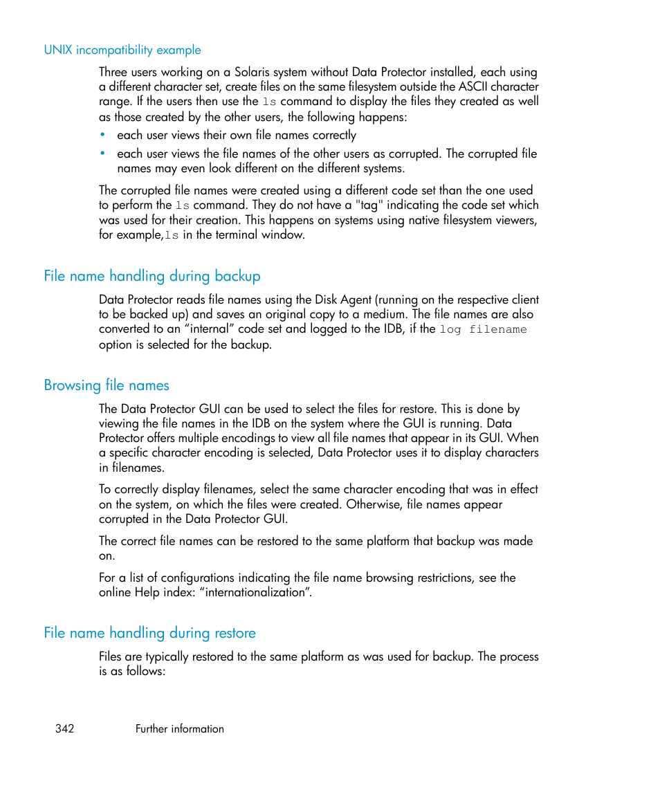 File name handling during backup, Browsing file names, File name handling during restore | 342 browsing file names, 342 file name handling during restore | HP B6960-96035 User Manual | Page 342 / 422