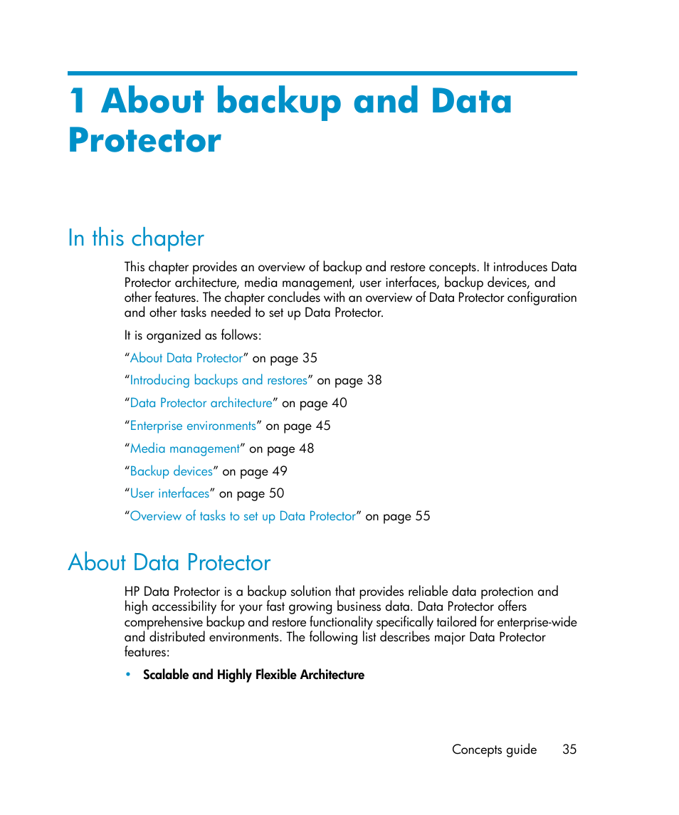 1 about backup and data protector, In this chapter, About data protector | 35 about data protector | HP B6960-96035 User Manual | Page 35 / 422