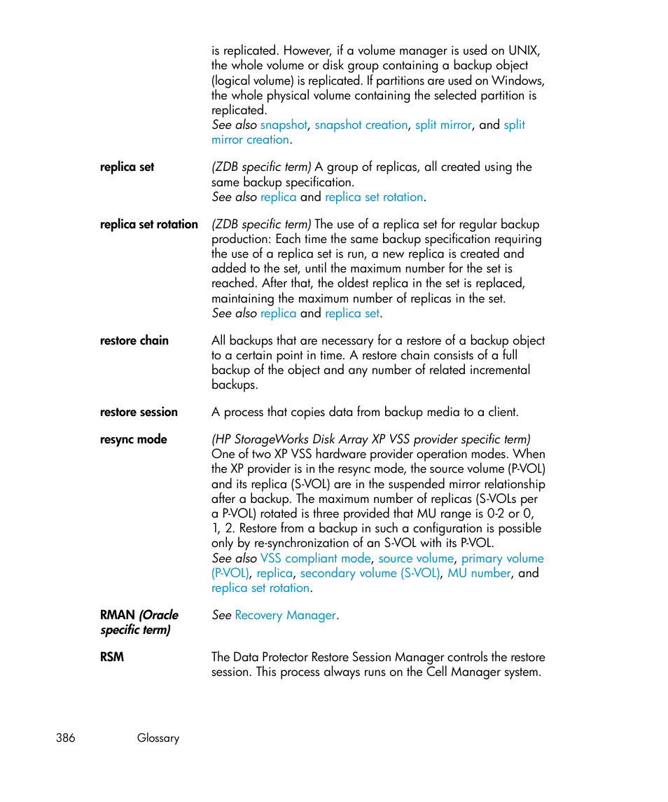 Restore chain, Replica set rotation | HP B6960-96035 User Manual | Page 386 / 422