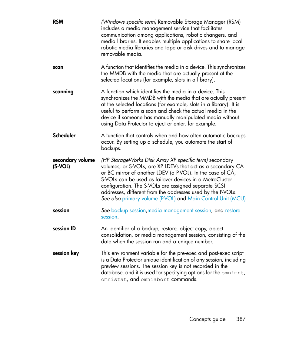 Secondary volume (s-vol) | HP B6960-96035 User Manual | Page 387 / 422