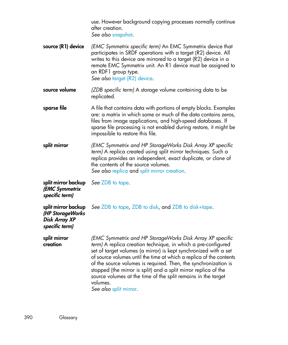 Source volume, Split mirror, Split | Mirror creation, Split mirror backup | HP B6960-96035 User Manual | Page 390 / 422