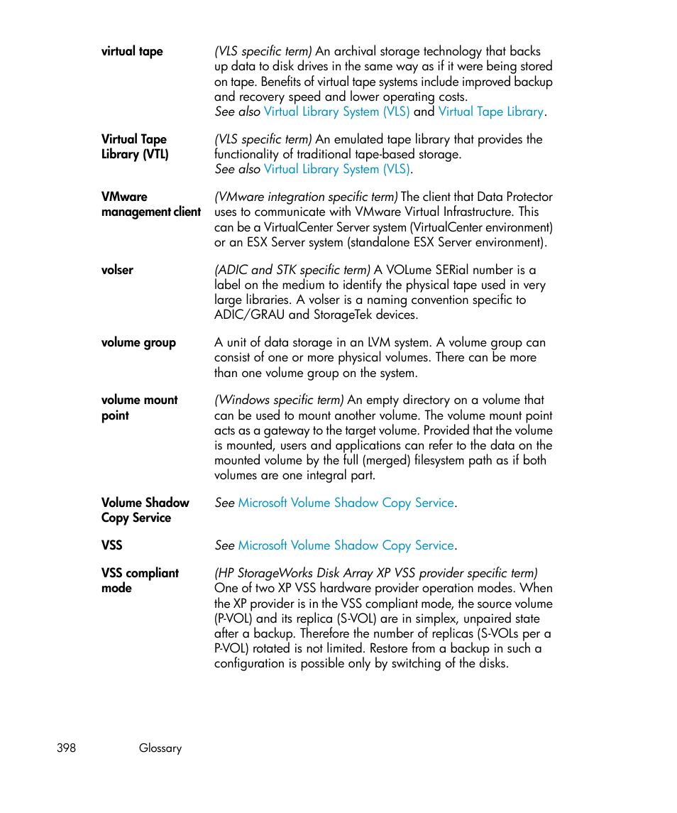 Virtual tape, Vss compliant mode | HP B6960-96035 User Manual | Page 398 / 422