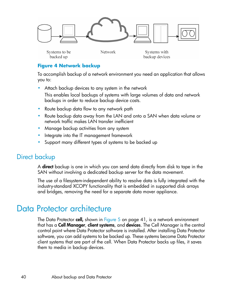 Direct backup, Data protector architecture, Network backup | HP B6960-96035 User Manual | Page 40 / 422