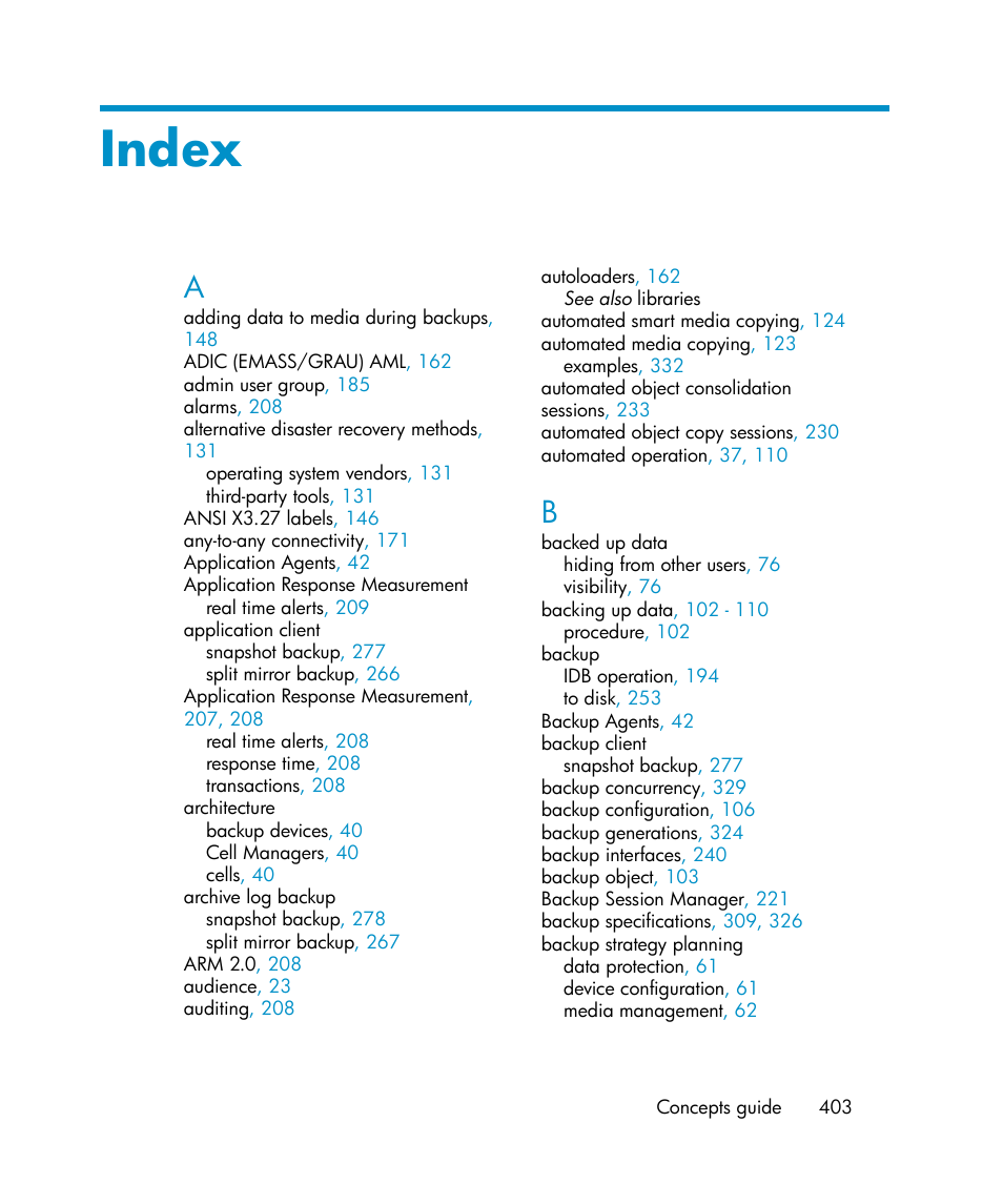 Index | HP B6960-96035 User Manual | Page 403 / 422