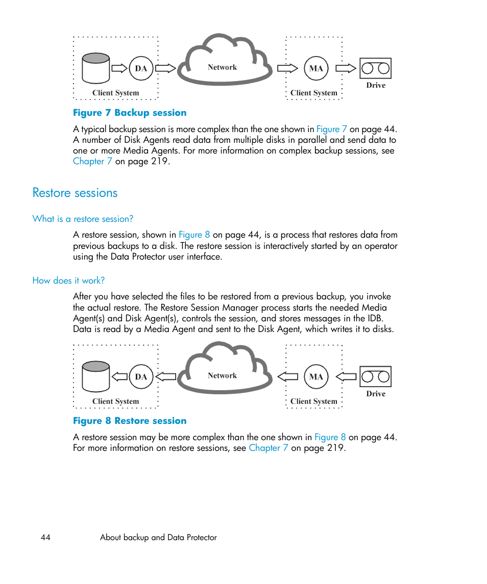 Restore sessions, Backup session, Restore session | HP B6960-96035 User Manual | Page 44 / 422