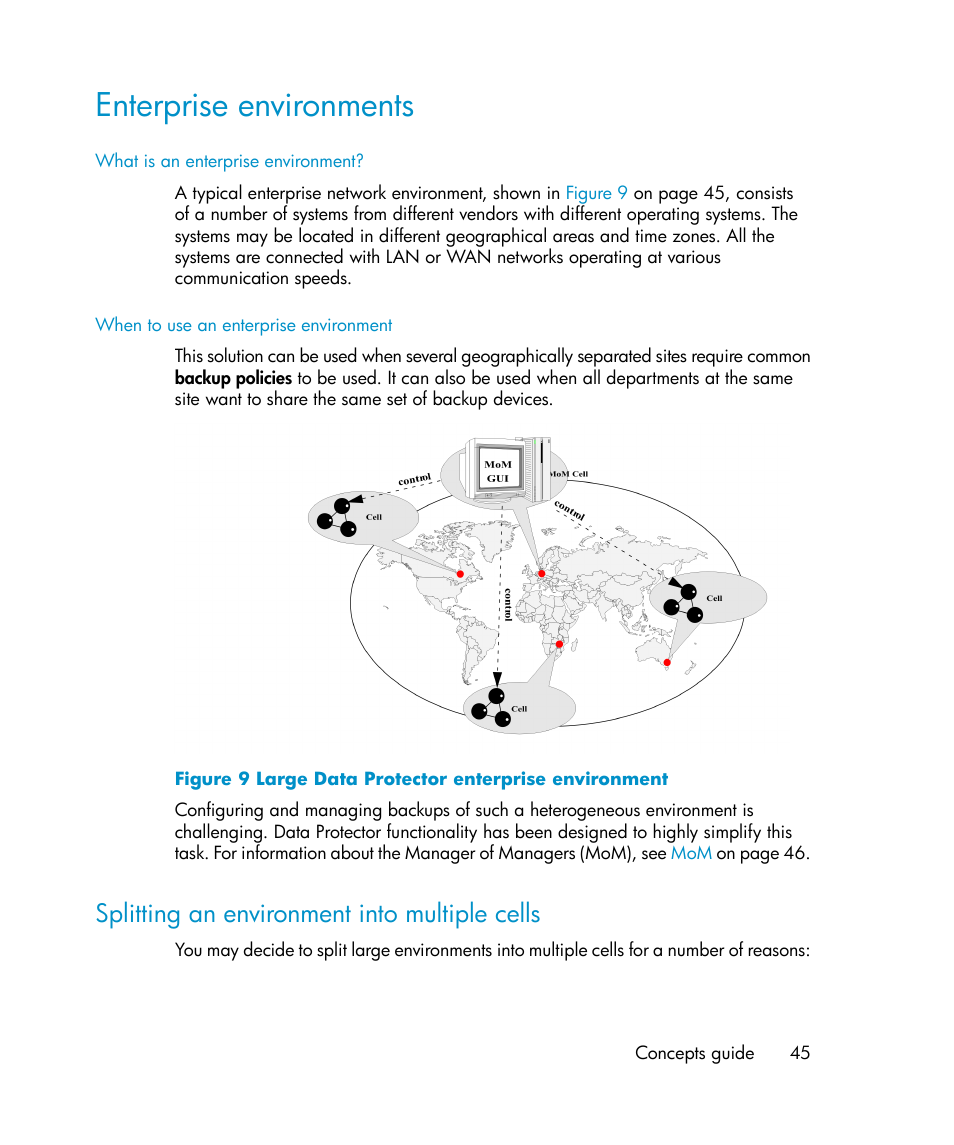 Enterprise environments, Splitting an environment into multiple cells, Large data protector enterprise environment | HP B6960-96035 User Manual | Page 45 / 422