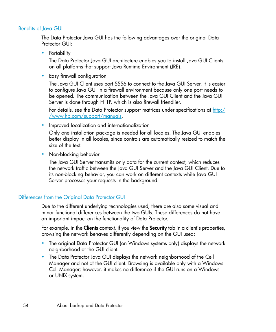 Benefits of java gui, Differences from the original data protector gui | HP B6960-96035 User Manual | Page 54 / 422