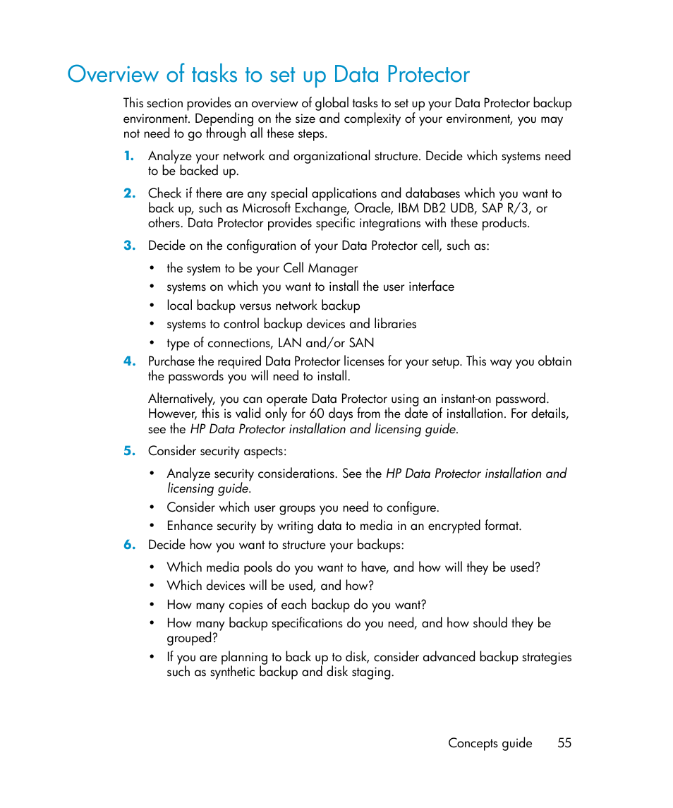 Overview of tasks to set up data protector | HP B6960-96035 User Manual | Page 55 / 422