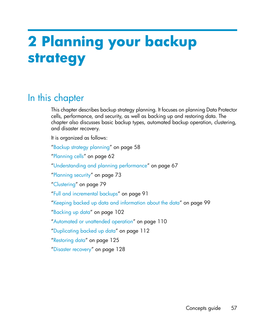 2 planning your backup strategy, In this chapter, Chapter 2 | HP B6960-96035 User Manual | Page 57 / 422