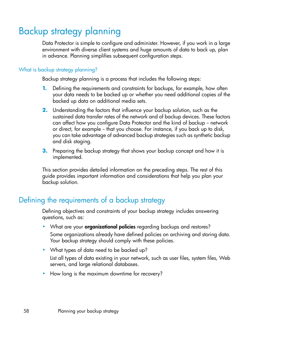 Backup strategy planning, Defining the requirements of a backup strategy | HP B6960-96035 User Manual | Page 58 / 422