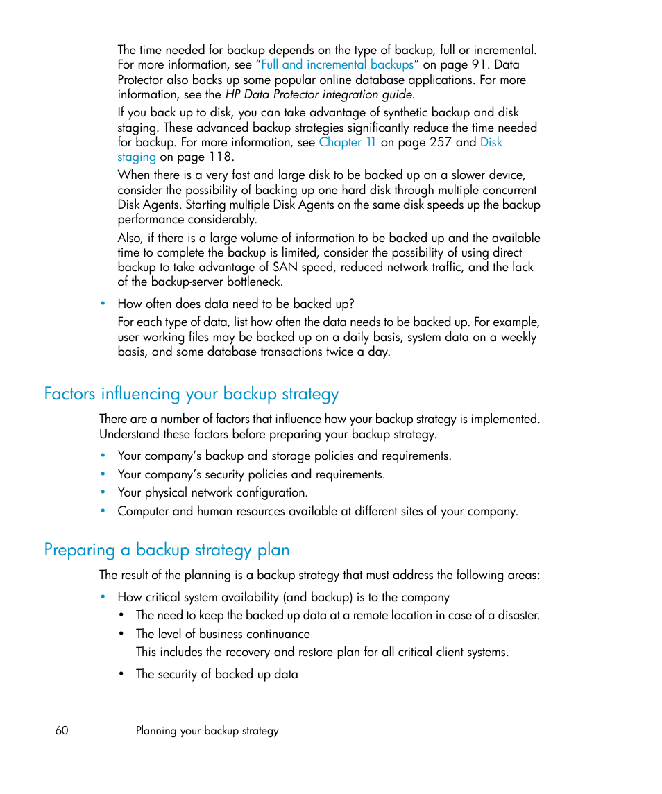 Factors influencing your backup strategy, Preparing a backup strategy plan, 60 preparing a backup strategy plan | HP B6960-96035 User Manual | Page 60 / 422