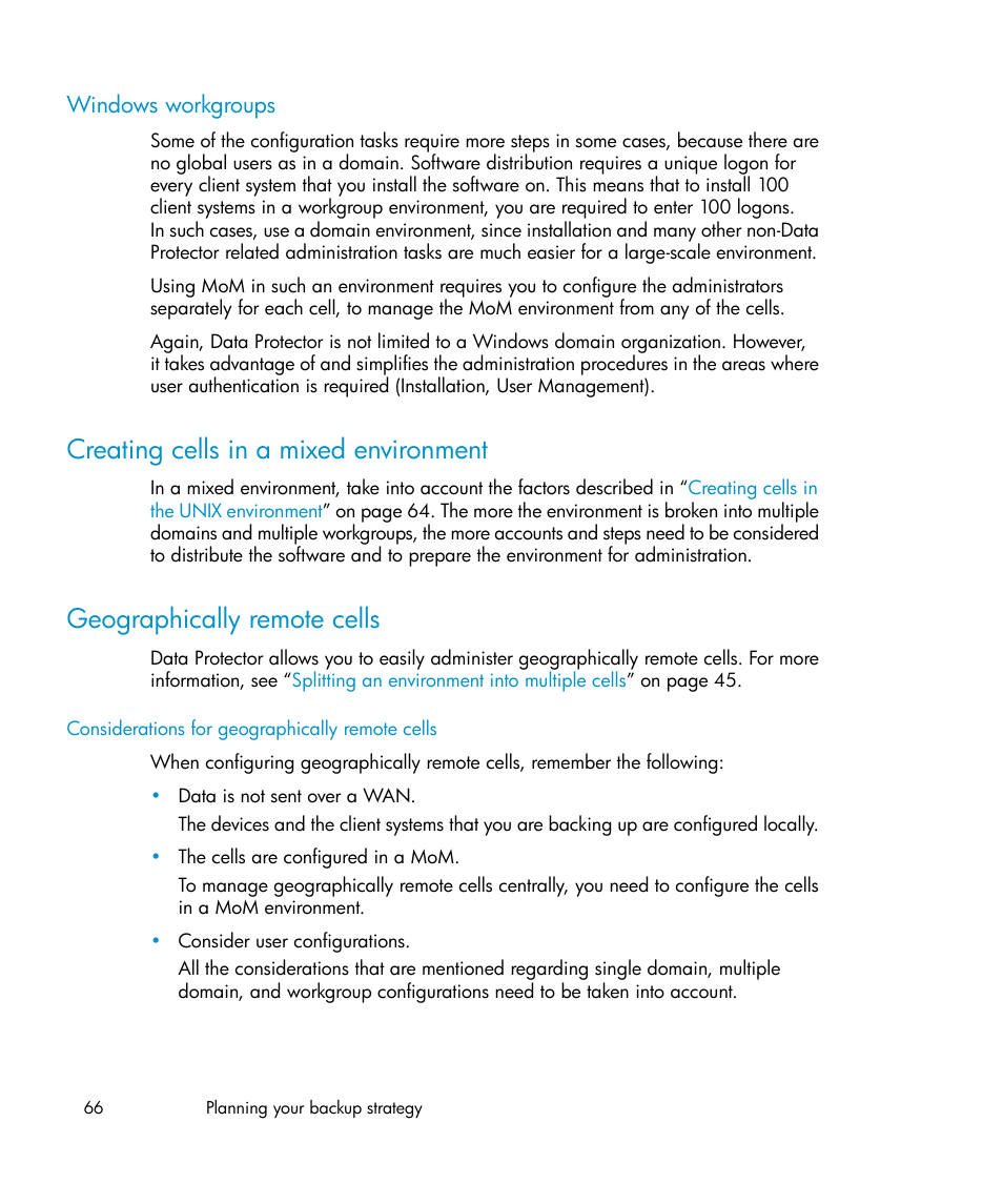 Windows workgroups, Creating cells in a mixed environment, Geographically remote cells | 66 geographically remote cells | HP B6960-96035 User Manual | Page 66 / 422