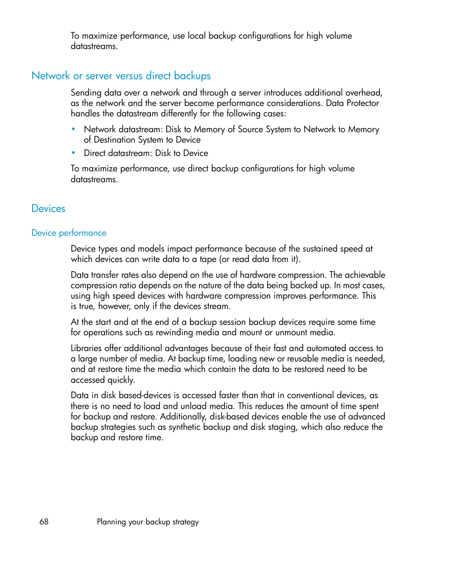 Network or server versus direct backups, Devices, 68 devices | HP B6960-96035 User Manual | Page 68 / 422